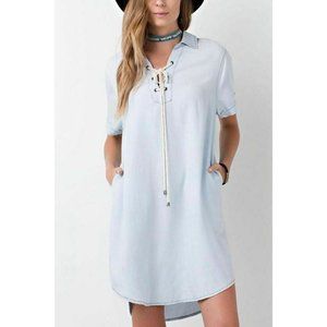 Easel Chambray Denim Shirt Dress Rope Lace Up M